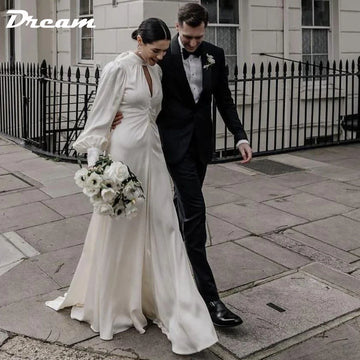 Runhufu Backless Elegant Wedding Dresses 2024 Halter Long Puff Sleeves A-line Cut Out Simple Bridal Gowns Robe de mari¨¦e
